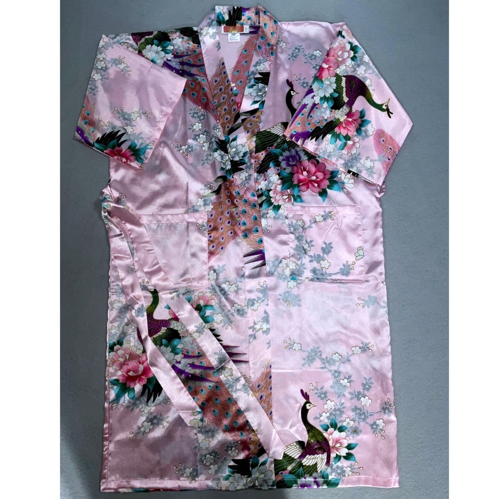 Oriental Pink Satin Peacock Floral Robe Size 16 Kimono Style Vintage